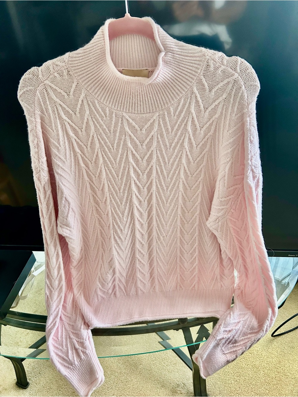 Elie Tahari Light Pink Cable-Knit Mock Neck Sweater
